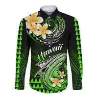 Hawaii Long Sleeve Button Shirt Polynesian Shark with Kakau Green Version - Wonder Print Shop