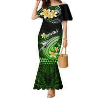 Off-shoulder mermaid maxi dress in green and black with floral and shark print