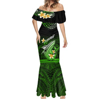 Off-shoulder mermaid maxi dress in green and black with floral and shark graphic