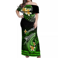 Hawaii Off Shoulder Maxi Dress Polynesian Shark with Kakau Green Version - Wonder Print Shop