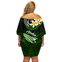 Hawaii Off Shoulder Short Dress Polynesian Shark with Kakau Green Version - Wonder Print Shop