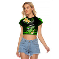 Hawaii Raglan Cropped T Shirt Polynesian Shark with Kakau Green Version - Wonder Print Shop