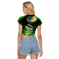 Hawaii Raglan Cropped T Shirt Polynesian Shark with Kakau Green Version - Wonder Print Shop