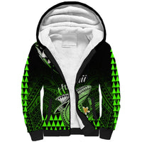 Green sherpa-lined hoodie with black Polynesian shark print and patterned sleeves