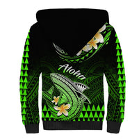 Back view green sherpa-lined hoodie with aloha text and shark-and-flower graphic