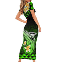 Hawaii Short Sleeve Bodycon Dress Polynesian Shark with Kakau Green Version - Wonder Print Shop