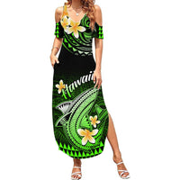 Women's green-and-black off-shoulder maxi dress with Polynesian-inspired floral print