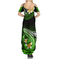 Women's green-and-black off-shoulder maxi dress back view, Polynesian-inspired floral print
