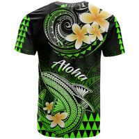 Black and green Polynesian shark T-shirt with plumeria flowers, kakau print back