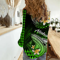 Hawaii Women Casual Shirt Polynesian Shark with Kakau Green Version - Wonder Print Shop