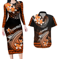 Hawaii Couples Matching Long Sleeve Bodycon Dress and Hawaiian Shirt Polynesian Shark with Kakau Orange Version - Wonder Print Shop