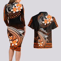 Hawaii Couples Matching Long Sleeve Bodycon Dress and Hawaiian Shirt Polynesian Shark with Kakau Orange Version - Wonder Print Shop