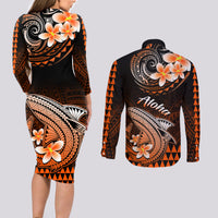 Hawaii Couples Matching Long Sleeve Bodycon Dress and Long Sleeve Button Shirts Polynesian Shark with Kakau Orange Version - Wonder Print Shop