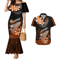 Black mermaid dress and black Hawaiian shirt with orange tribal shark print and flowers