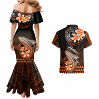 Black mermaid dress and Hawaiian shirt set with orange tribal shark print, flowers, and Aloha