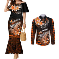 hawaii-couples-matching-mermaid-dress-and-long-sleeve-button-shirts-polynesian-shark-with-kakau-orange-version