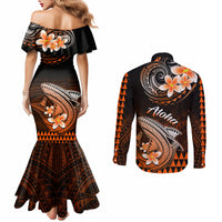 Matching mermaid dress and long-sleeve button shirt set, back view, black with orange floral