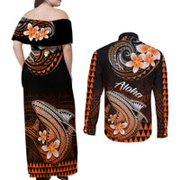 Hawaii Couples Matching Off Shoulder Maxi Dress and Long Sleeve Button Shirts Polynesian Shark with Kakau Orange Version - Wonder Print Shop