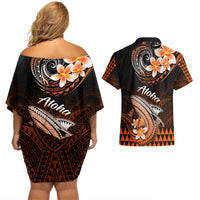 Hawaii Couples Matching Off Shoulder Short Dress and Hawaiian Shirt Polynesian Shark with Kakau Orange Version - Wonder Print Shop