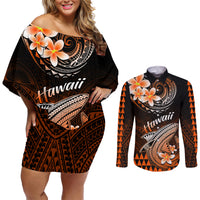 Hawaii Couples Matching Off Shoulder Short Dress and Long Sleeve Button Shirts Polynesian Shark with Kakau Orange Version - Wonder Print Shop