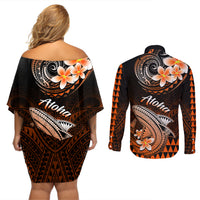Hawaii Couples Matching Off Shoulder Short Dress and Long Sleeve Button Shirts Polynesian Shark with Kakau Orange Version - Wonder Print Shop