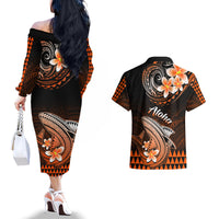 Hawaii Couples Matching Off The Shoulder Long Sleeve Dress and Hawaiian Shirt Polynesian Shark with Kakau Orange Version - Wonder Print Shop