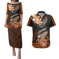 Hawaii Couples Matching Puletasi Dress and Hawaiian Shirt Polynesian Shark with Kakau Orange Version - Wonder Print Shop