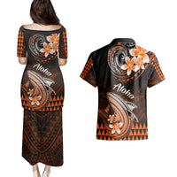 Hawaii Couples Matching Puletasi Dress and Hawaiian Shirt Polynesian Shark with Kakau Orange Version - Wonder Print Shop