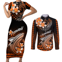 Hawaii Couples Matching Short Sleeve Bodycon Dress and Long Sleeve Button Shirts Polynesian Shark with Kakau Orange Version - Wonder Print Shop