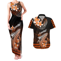 Hawaii Couples Matching Tank Maxi Dress and Hawaiian Shirt Polynesian Shark with Kakau Orange Version - Wonder Print Shop