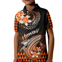 Kids black polo shirt with orange geometric print, shark graphic, and floral motifs