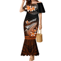 Women’s off-shoulder mermaid dress, black with orange floral Polynesian print