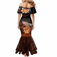 Women’s off-shoulder mermaid dress, black with orange and gold tribal shark motif