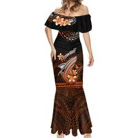 Women’s off-shoulder mermaid dress with flared hem, black and orange tribal artwork