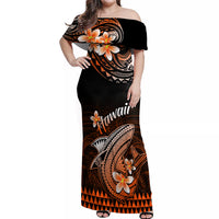 Hawaii Off Shoulder Maxi Dress Polynesian Shark with Kakau Orange Version - Wonder Print Shop