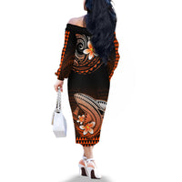 Hawaii Off The Shoulder Long Sleeve Dress Polynesian Shark with Kakau Orange Version - Wonder Print Shop