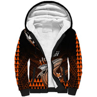 Sherpa-lined zip hoodie, black with orange tribal print and shark graphic, front view