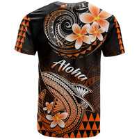 Black Hawaiian graphic T-shirt with orange shark and floral back print