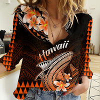 Hawaii Women Casual Shirt Polynesian Shark with Kakau Orange Version - Wonder Print Shop