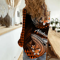Hawaii Women Casual Shirt Polynesian Shark with Kakau Orange Version - Wonder Print Shop
