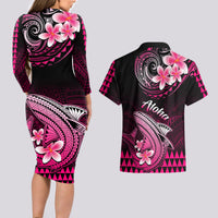 Hawaii Couples Matching Long Sleeve Bodycon Dress and Hawaiian Shirt Polynesian Shark with Kakau Pink Version - Wonder Print Shop