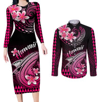 Hawaii Couples Matching Long Sleeve Bodycon Dress and Long Sleeve Button Shirts Polynesian Shark with Kakau Pink Version - Wonder Print Shop