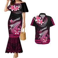 Black pink floral tribal mermaid dress and matching Hawaiian shirt for couples