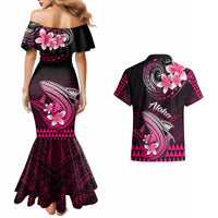 Back-view black pink floral tribal mermaid dress and matching Hawaiian shirt set