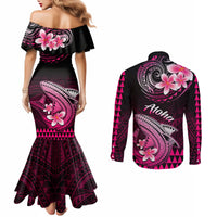 hawaii-couples-matching-mermaid-dress-and-long-sleeve-button-shirts-polynesian-shark-with-kakau-pink-version