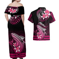 Hawaii Couples Matching Off Shoulder Maxi Dress and Hawaiian Shirt Polynesian Shark with Kakau Pink Version - Wonder Print Shop