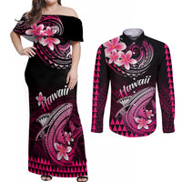 Hawaii Couples Matching Off Shoulder Maxi Dress and Long Sleeve Button Shirts Polynesian Shark with Kakau Pink Version - Wonder Print Shop