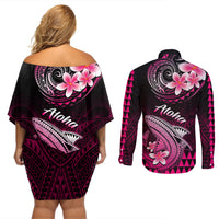 Hawaii Couples Matching Off Shoulder Short Dress and Long Sleeve Button Shirts Polynesian Shark with Kakau Pink Version - Wonder Print Shop