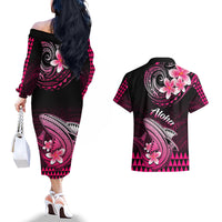 Hawaii Couples Matching Off The Shoulder Long Sleeve Dress and Hawaiian Shirt Polynesian Shark with Kakau Pink Version - Wonder Print Shop