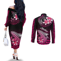 hawaii-couples-matching-off-the-shoulder-long-sleeve-dress-and-long-sleeve-button-shirts-polynesian-shark-with-kakau-pink-version